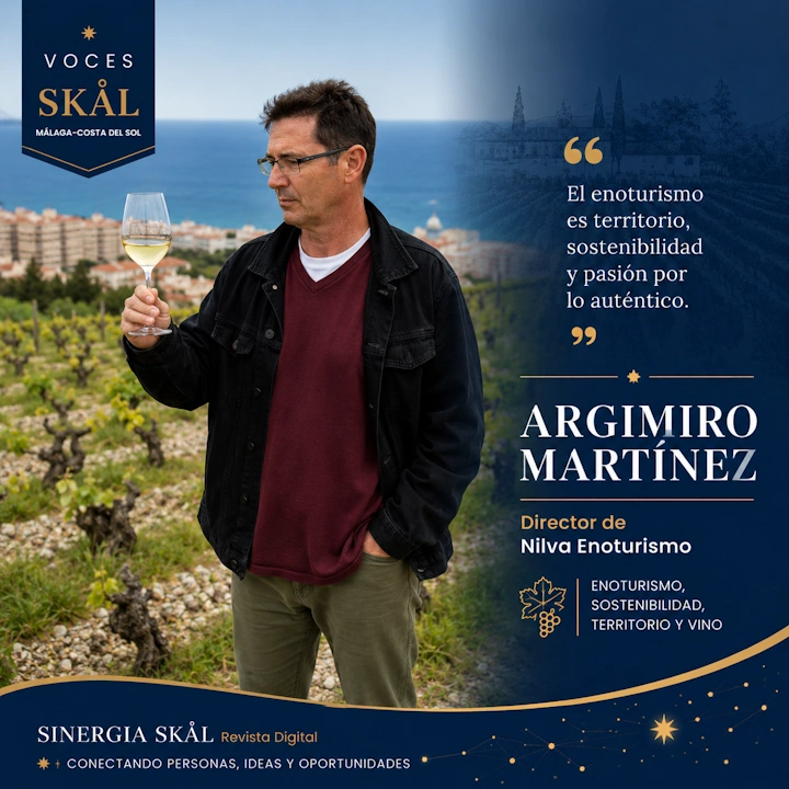 Argimiro Martínez observa una copa de vino blanco en los viñedos de Nilva, con Manilva y el Mediterráneo al fondo.