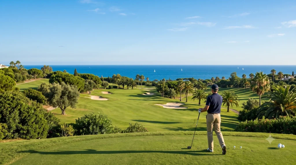 Jugador de golf en La Costa del Golf con vista al mar y campo verde.
