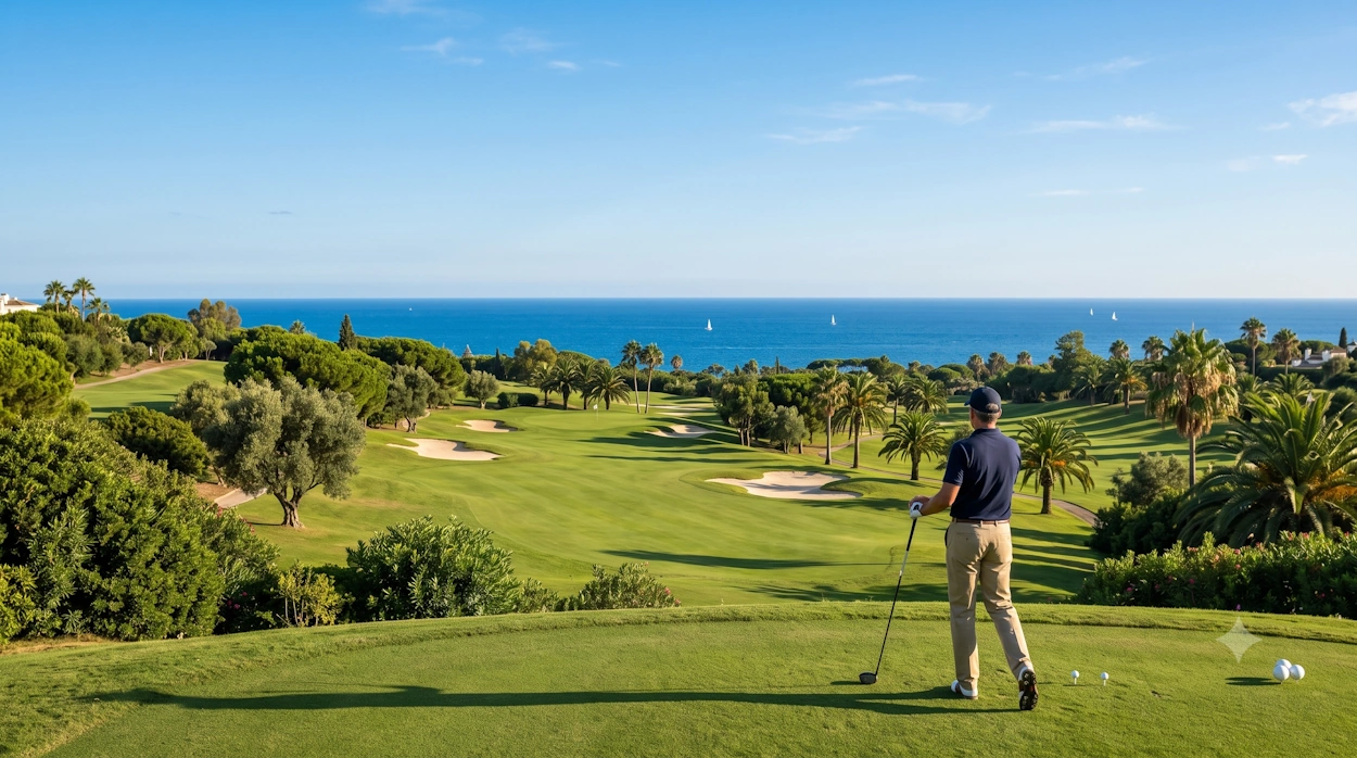 Jugador de golf en La Costa del Golf con vista al mar y campo verde.