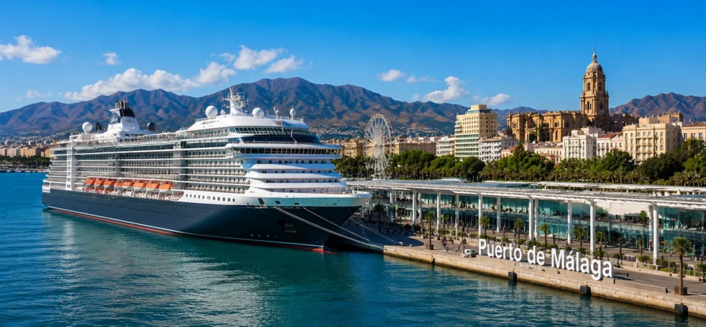 Cruise ship docked in the Port of Malaga with the city in the background