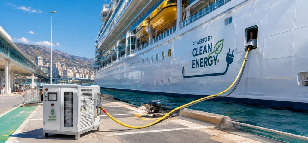 Barco de crucero conectado a estación de carga eléctrica en puerto.
