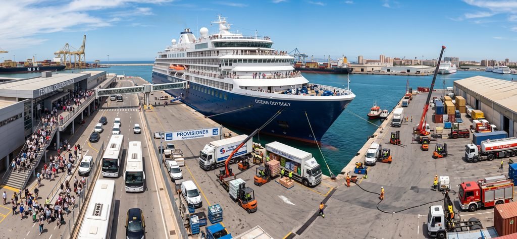 Operativa de un crucero en puerto con servicios de transporte, aprovisionamiento y logística