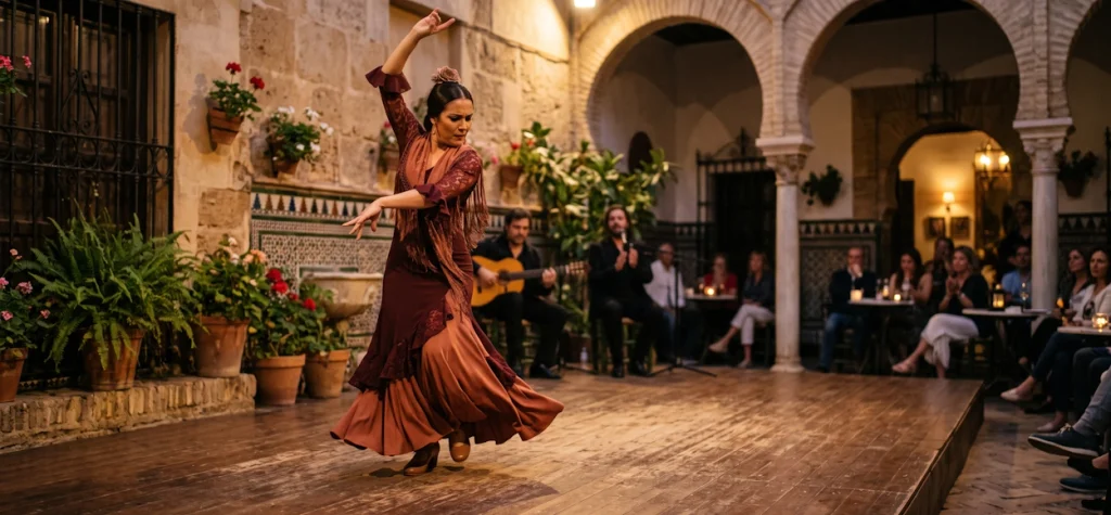 Bailaora de flamenco actuando en un patio tradicional de Sevilla