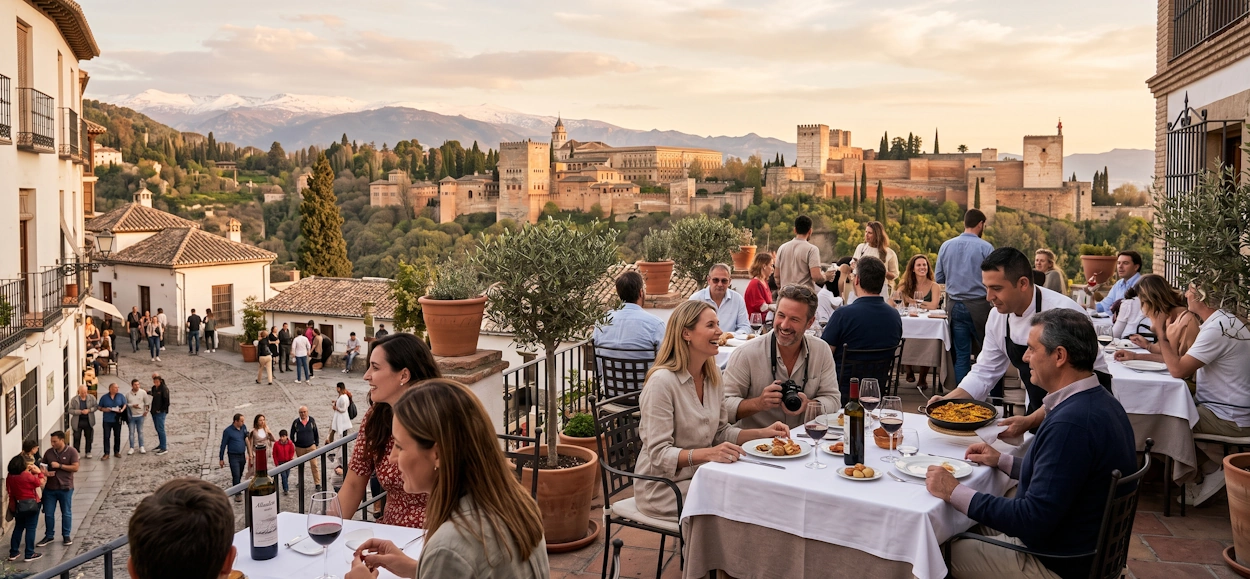 Turistas disfrutando del patrimonio, la gastronomía y la oferta cultural de España