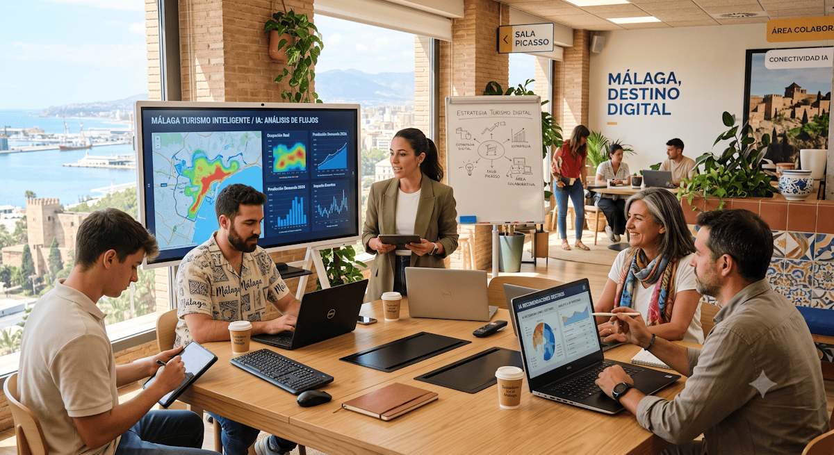 Equipo de trabajo en oficina con pantallas y mapas digitales.
