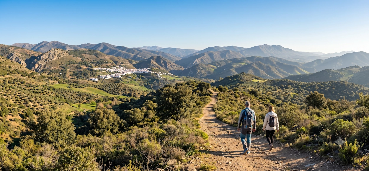 Dos personas caminando por sendero en las montañas de Málaga interior.