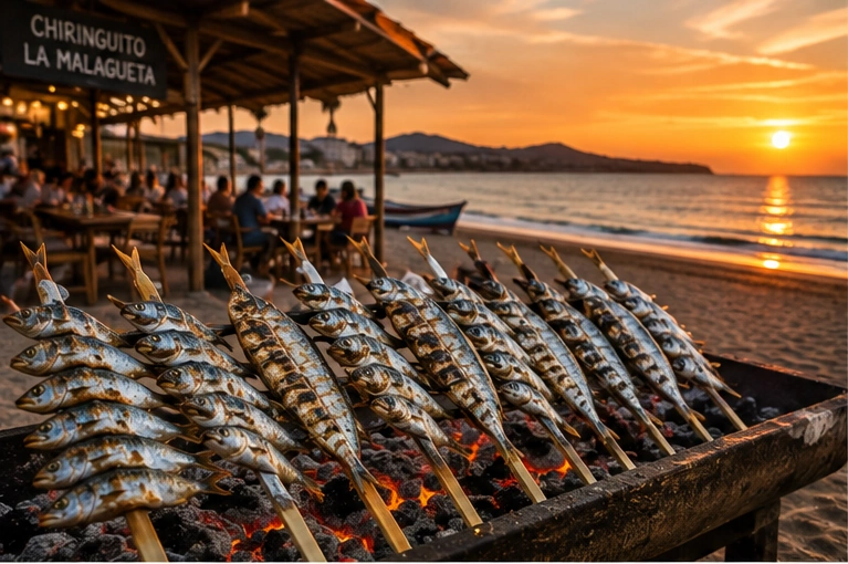 Pescado a la parrilla en la playa al atardecer con vista al mar.