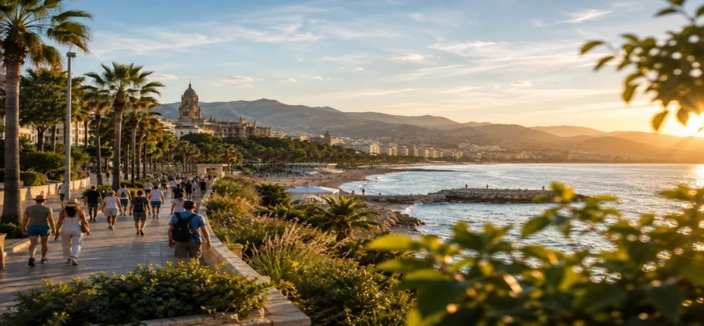 Paseo marítimo de Málaga al atardecer, con peatones, palmeras y vistas al mar.