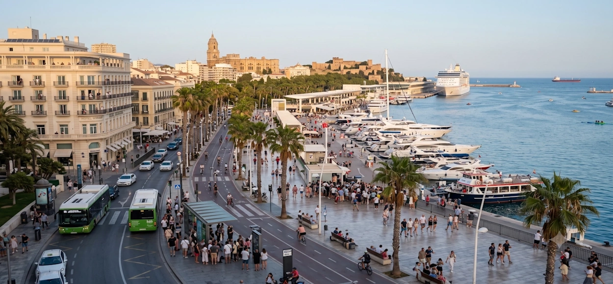 Vista del puerto de Málaga, con el paseo, palmeras, embarcaciones y un crucero.