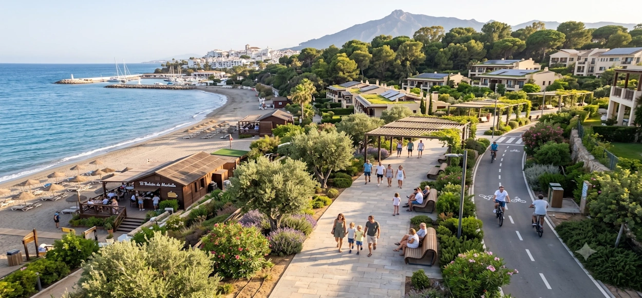 Paseo litoral de Marbella, con peatones, ciclistas, zonas ajardinadas y la playa.