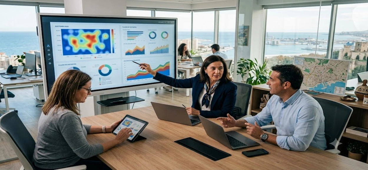 Equipo de profesionales analiza datos de movilidad y afluencia turística en una oficina con vistas al puerto.