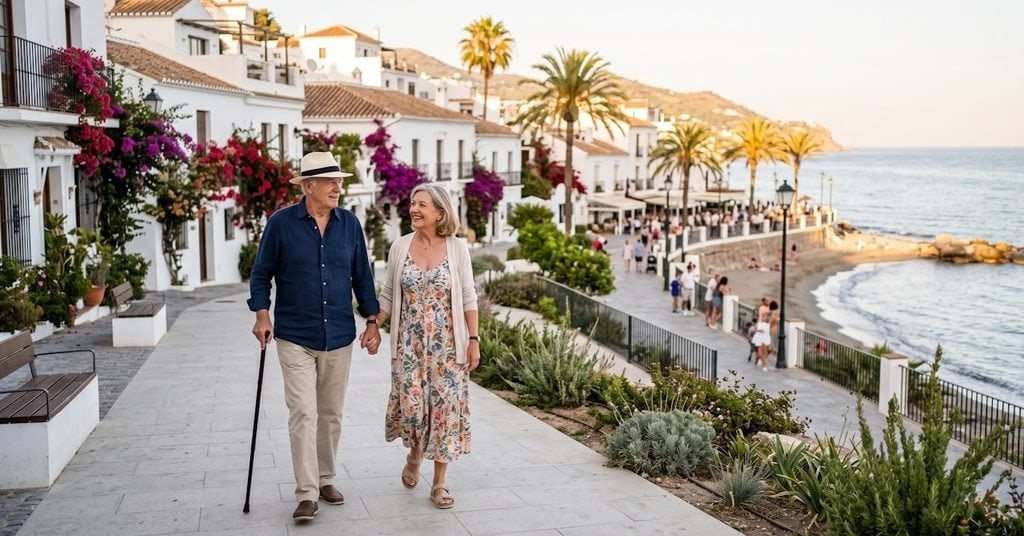 Pareja de adultos mayores caminando por un paseo marítimo con vistas al mar.