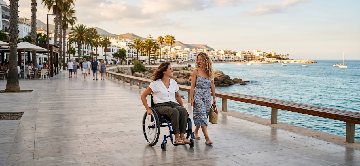 Mujer en silla de ruedas y acompañante paseando por el paseo marítimo.
