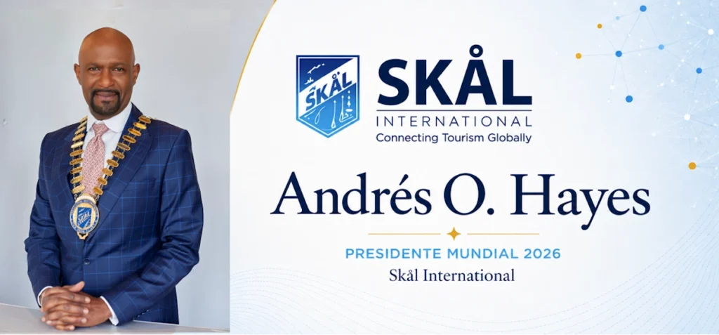 Andrés Hayes, presidente mundial 2026 de SKÅL, en evento de turismo global.
