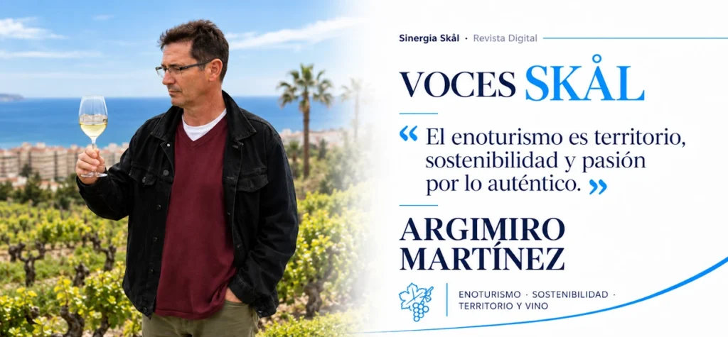 Hombre en viñedos de Manilva con copa de vino y vista al mar.