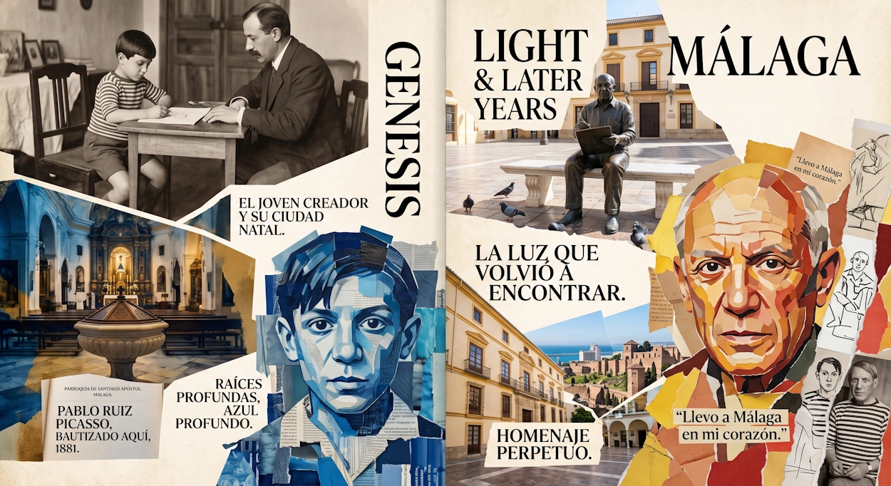 Collage cultural sobre Pablo Picasso con retratos, publicaciones y referencias a Málaga.