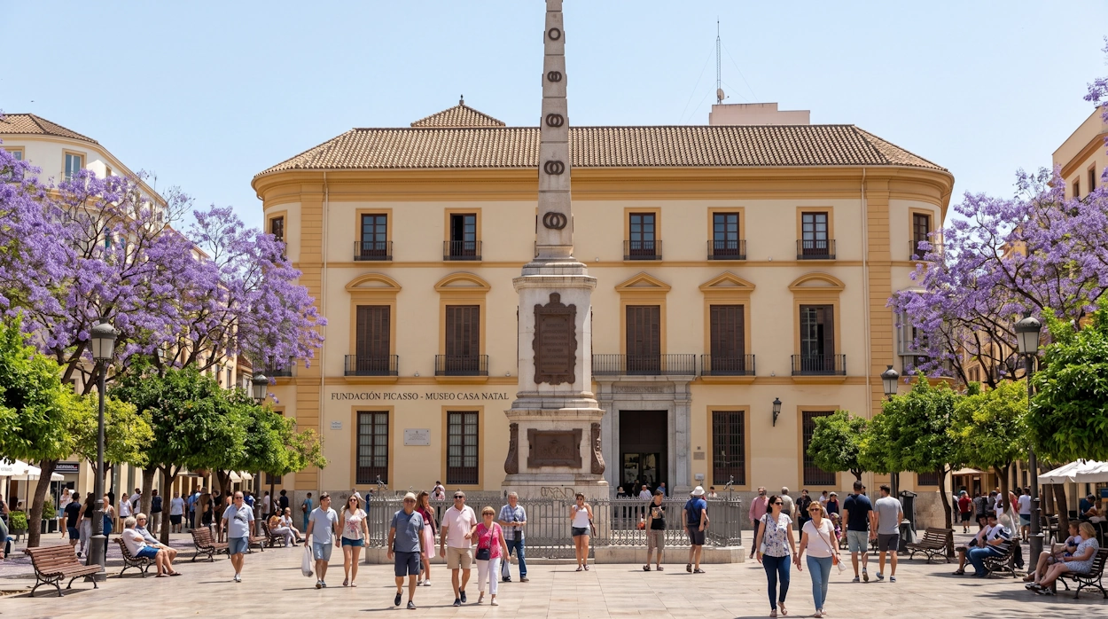 Plaza de la Merced de Málaga con el obelisco a Torrijos y la Casa Natal de Picasso al fondo.