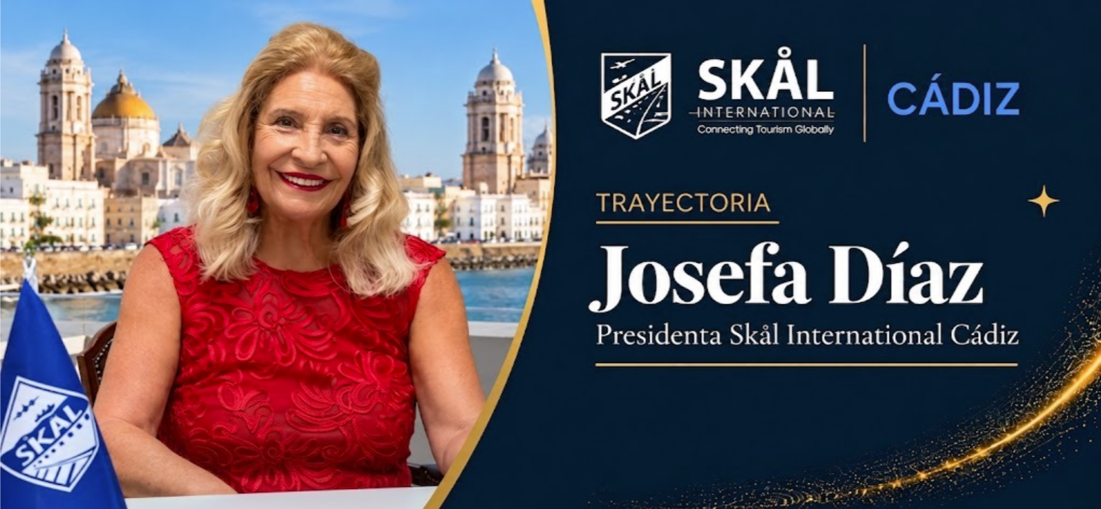 Josefa Díaz, presidenta de Skål Cádiz, en un evento con vista a la ciudad de Cádiz.