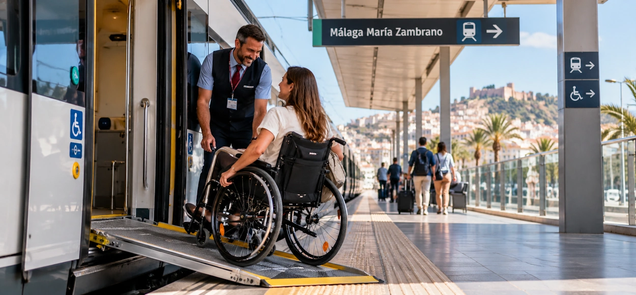 Viajera en silla de ruedas accediendo a un tren adaptado