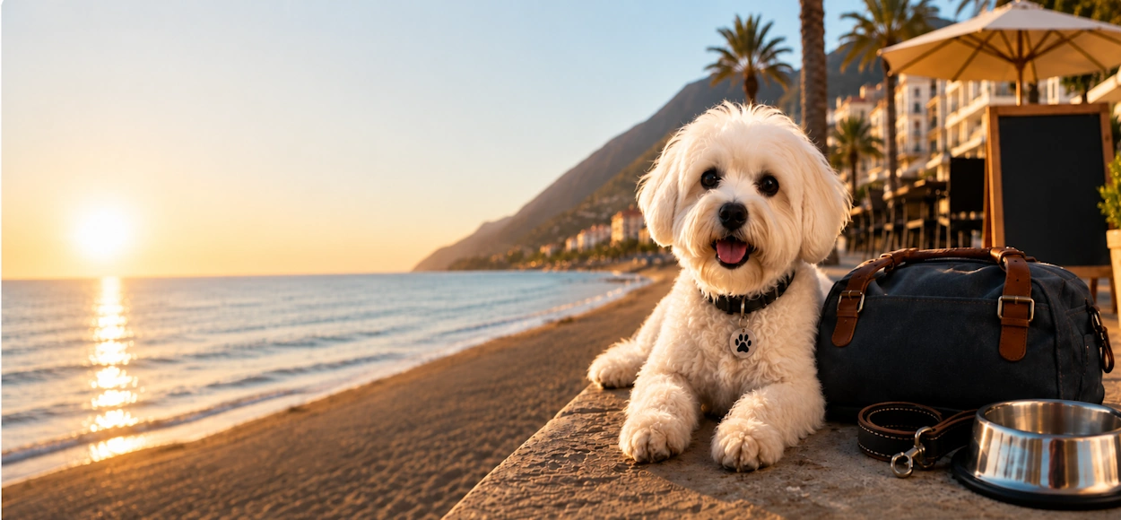 Perro blanco frente al mar de la Costa del Sol, imagen del artículo de turismo pet friendly